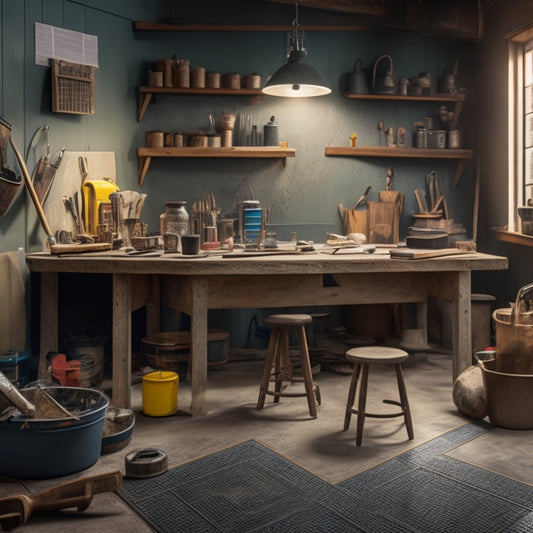 A well-lit, clutter-free workshop with a variety of tools scattered on a workbench, including a mixing bucket, trowel, edger, and stamps, surrounded by samples of decorative concrete flooring with different textures and patterns.