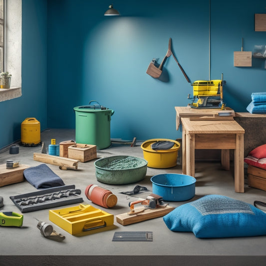 A clutter-free workshop with a concrete block bed in the center, surrounded by essential tools like a spirit level, trowel, jointer, and a mixer, with a few blocks and sandbags nearby.