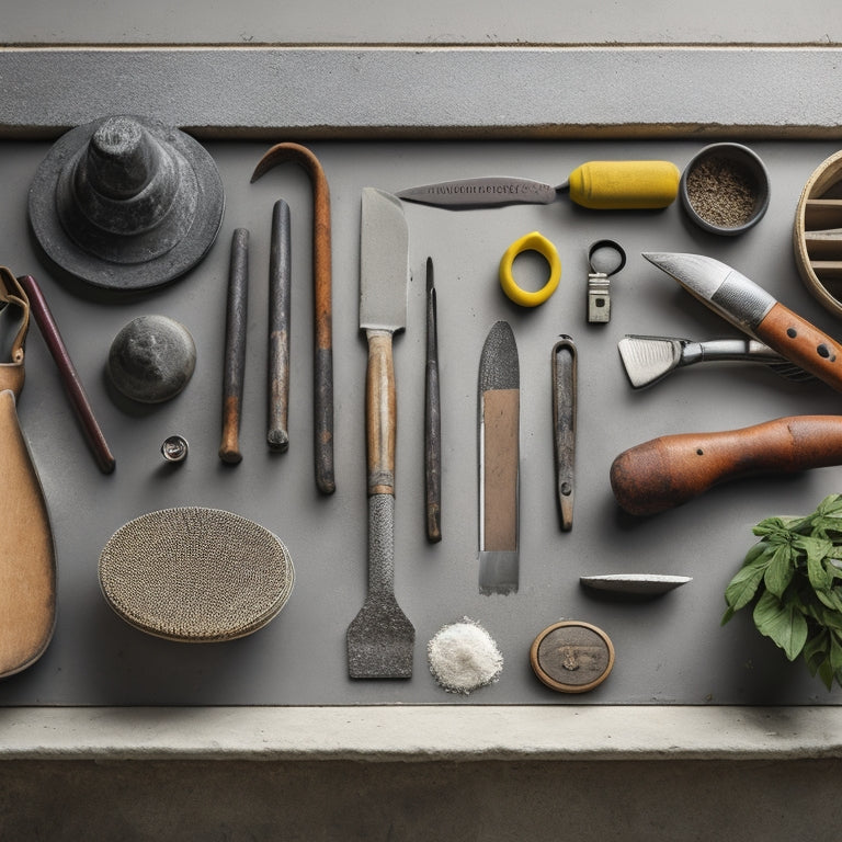 A clutter-free workshop background with a selection of hand tools, including a steel trowel, edger, joint knife, and finishing float, arranged in a circular pattern, with a subtle concrete texture in the background.