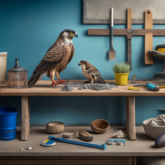 A workshop scene with a concrete wall as the backdrop, featuring a variety of rendering tools, including a hawk, trowel, and float, neatly arranged on a wooden workbench or shelf, with a few scattered concrete chips.