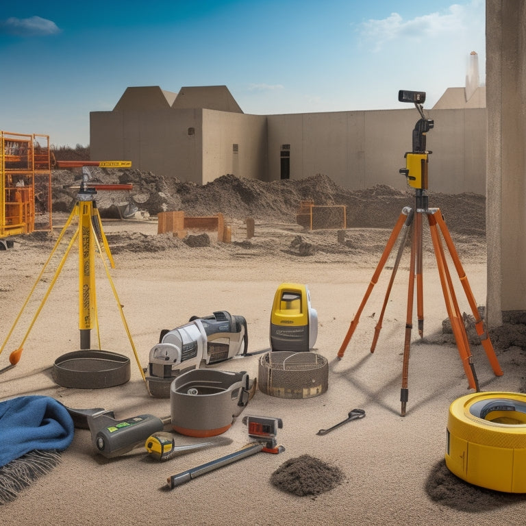 A cluttered construction site with various measuring tools scattered around, including a laser level on a tripod, a tape measure coiled on the ground, and a concrete tester in the foreground.