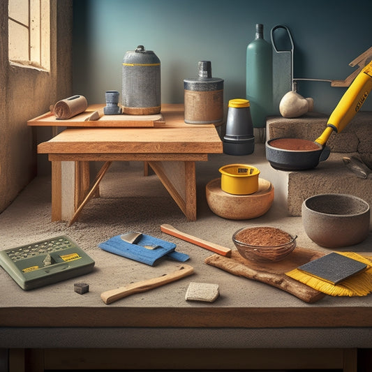 Generate an image featuring a neatly organized workspace with a level, trowel, jointer, and spirit level arranged on a wooden board, surrounded by concrete blocks and mortar mixes, with a subtle construction site background.