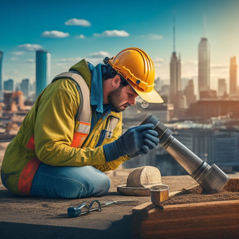 An illustration of a construction worker inspecting a concrete forming tool, with a checklist and magnifying glass nearby, surrounded by various tools and equipment, with a subtle cityscape background.