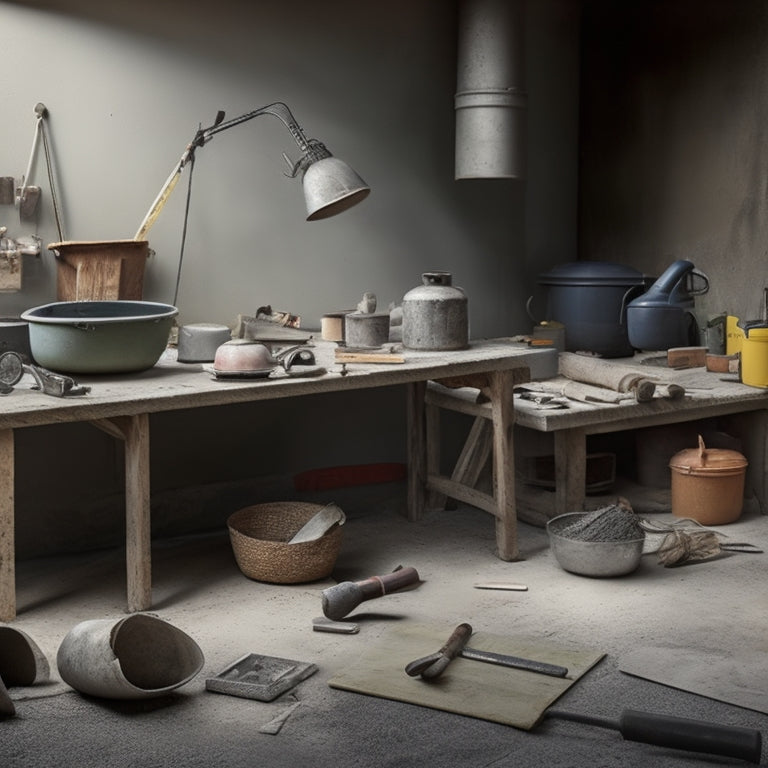 A cluttered workspace with various concrete finishing tools scattered around, including a trowel, edger, float, and level, with a cement mixer and wheelbarrow in the background.