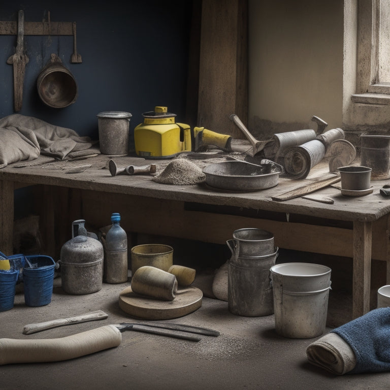 A cluttered workshop table with a variety of DIY concrete tools, including a trowel, mixing bucket, gloves, and a level, surrounded by partially finished concrete projects and scattered bags of cement.