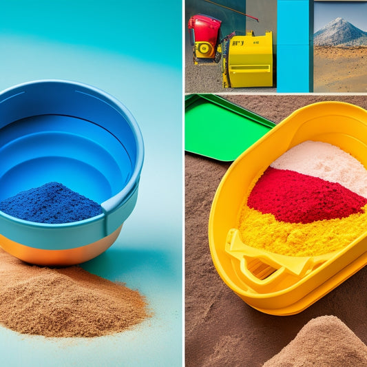 A split-screen image featuring a concrete mixer with a built-in color scanner on one side, and a swatch book with various concrete colors on the other, surrounded by scattered color chips and a color wheel.