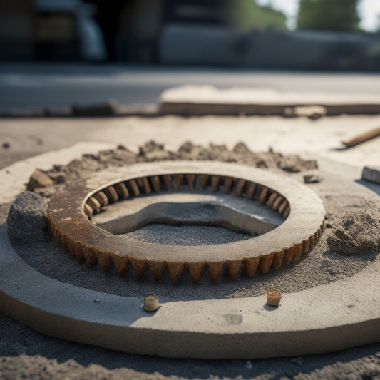 A worn, rusted concrete saw blade with missing teeth, surrounded by fragmented concrete pieces and a faint outline of a construction site in the background, with a subtle caution symbol overlay.