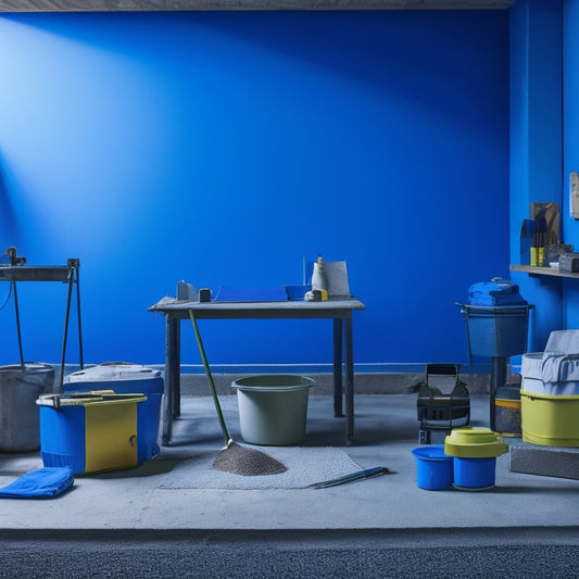 A clutter-free workspace with a level, spirit level, trowel, jointer, and leveler laid out on a blue tarp, surrounded by neatly stacked concrete blocks and a mixing bucket in the background.