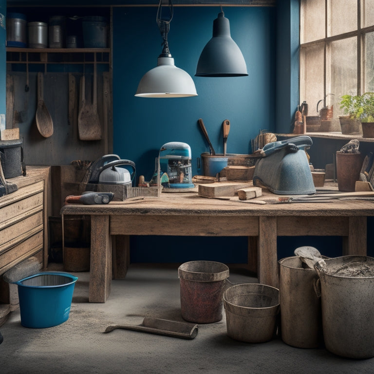 An organized workspace with a concrete mixer in the center, surrounded by various tools such as trowels, floats, edgers, and buckets, all arranged on a wooden table or workbench.