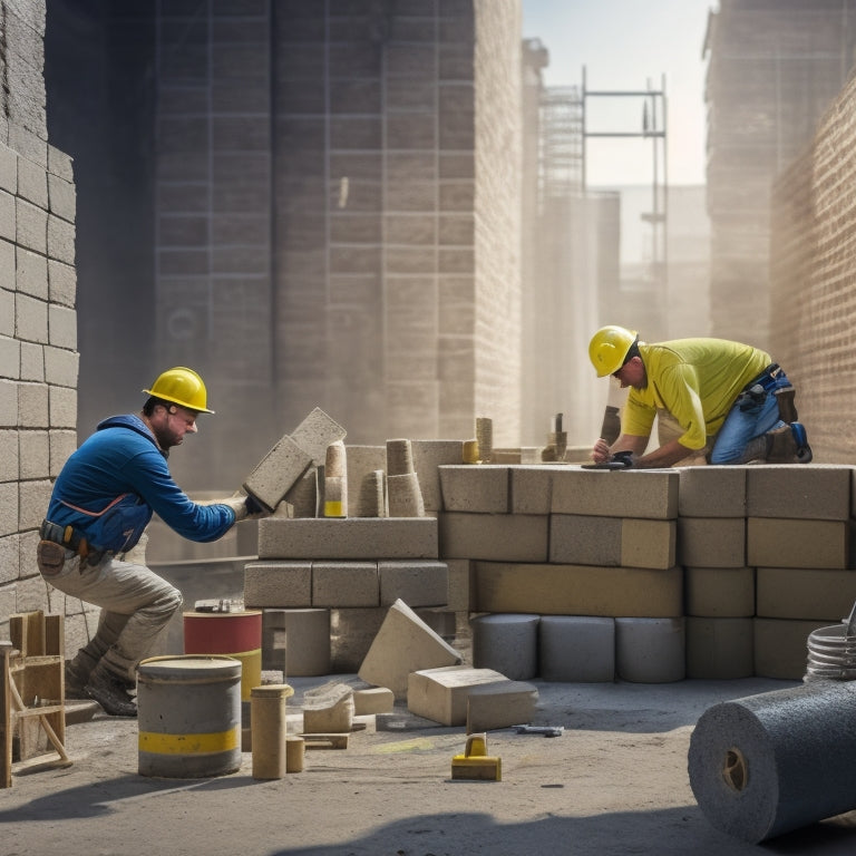 A scene depicting a construction site with a mason expertly laying concrete blocks, surrounded by essential tools: spirit level, trowel, jointer, and string line, amidst a backdrop of partially built walls and scattered blocks.