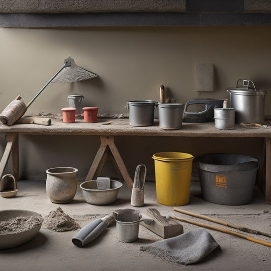 Generate an image depicting a well-organized concrete plastering workstation with various tools, including a mixing bucket, trowels, floats, and edgers, arranged around a partially completed plastered wall.