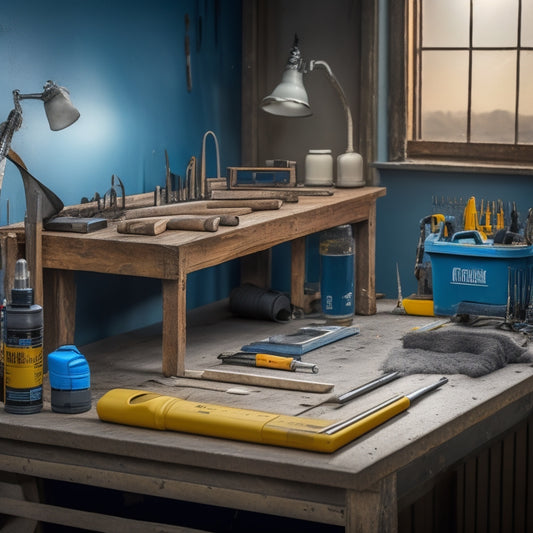 A workbench with various concrete crack injection tools, including a caulking gun, epoxy cartridges, a crack injection pump, and a set of ports and packers, arranged in a neat and organized manner.