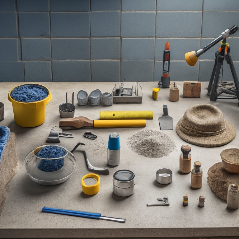 A well-organized workshop table with a variety of tools laid out, including a tamping tool, edger, level, gloves, safety glasses, and a concrete mixer, surrounded by concrete edging samples and a subtle garden background.