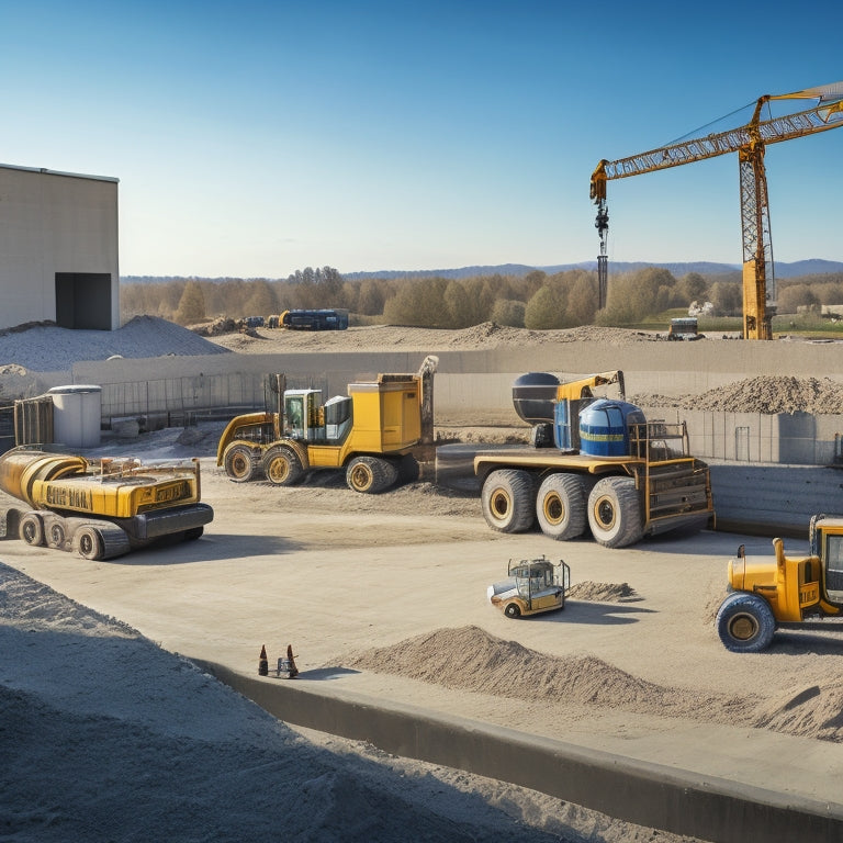 A sprawling construction site with a concrete mixer in the background, featuring a variety of concrete filling tools scattered around, including a screed board, tamping tool, and finishing float.