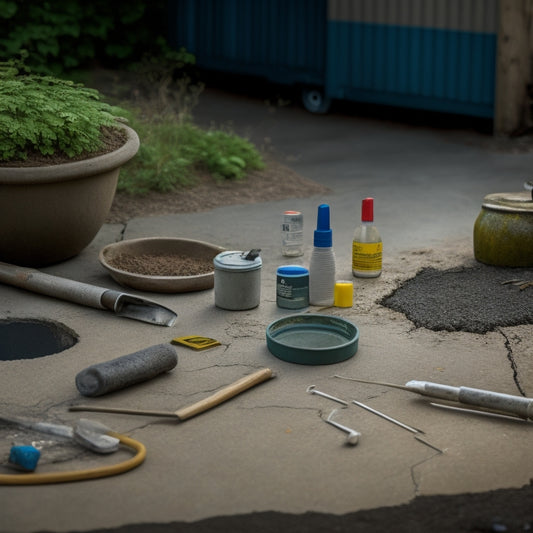 A cracked concrete driveway with a small puddle of water and a few weeds growing through the fissure, surrounded by a scattered assortment of tools including a caulk gun, chisel, and trowel.