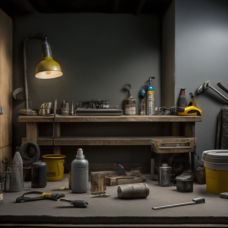 A tidy workshop with a concrete block wall in the background, showcasing a variety of tools and materials, including a sealant gun, buckets of sealant, brushes, rollers, and safety gear.