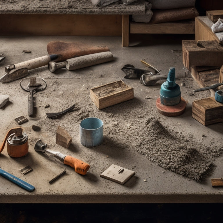 A cluttered concrete floor with various tools scattered around, including a pry bar, hammer, chisel, scraper, and grinder, surrounded by removed flooring materials like tiles, wood planks, and carpet remnants.