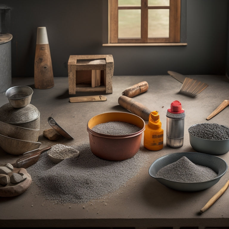 A tidy workspace with a mixing bucket, a level, a trowel, a float, an edger, and a jointer, arranged neatly on a concrete floor, surrounded by a few scattered aggregate stones.