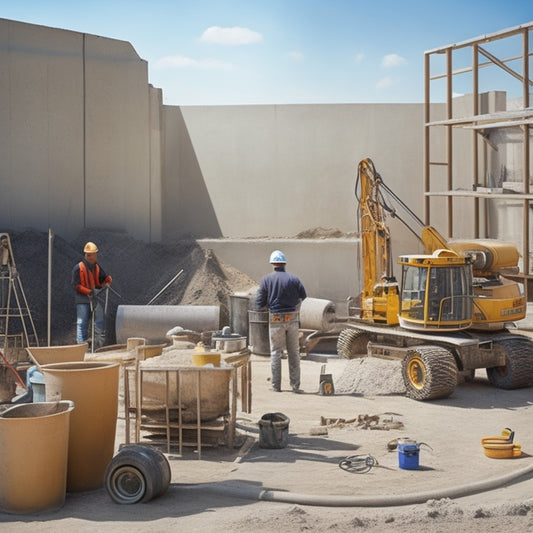 A photograph of a construction site with a half-built concrete wall, surrounded by various tools and equipment, including a cement mixer, trowels, levels, and scaffolding, in a natural outdoor setting.