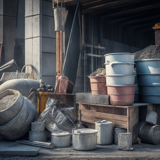 A photograph depicting a contractor's toolbox overflowing with organized concrete construction tools, surrounded by stacks of cement bags, steel rebars, and a concrete mixer in the background.