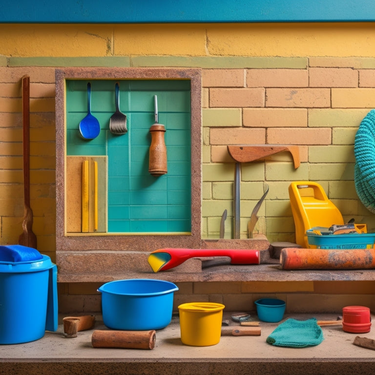 A tidy workshop with a freshly built concrete wall as the backdrop, featuring a variety of tools and materials, including a trowel, level, mixing bucket, and a array of colorful decorative tiles.