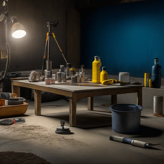 A dramatic, well-lit table displaying an array of concrete sealing tools, including a sprayer, roller, and brush, alongside a partially sealed concrete floor with visible stains and cracks.