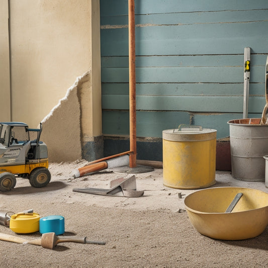 A cluttered construction site background with various concrete wall building tools scattered around, including a tamping tool, spirit level, and mixing bucket, with a half-built concrete wall in the center.