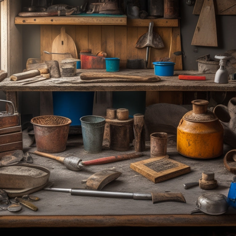 A cluttered workbench with a variety of DIY concrete tools, including a handmade trowel, a repurposed bucket, and a makeshift edger crafted from a old saw blade, surrounded by scattered concrete mix and tools.