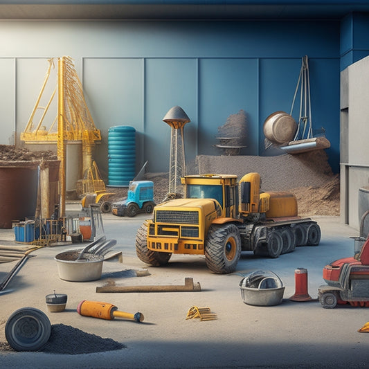 An illustration of a construction site with a half-built concrete wall, surrounded by various tools and equipment, including a cement mixer, trowels, levels, and steel rebars, in a realistic and detailed style.