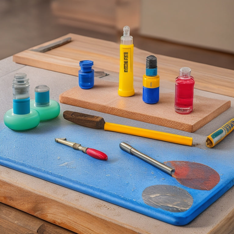 A close-up of high-quality concrete epoxy repair tools arranged neatly on a wooden workbench, with vibrant epoxy colors, glistening resin, and a backdrop of a freshly repaired concrete surface, showcasing durability and craftsmanship.