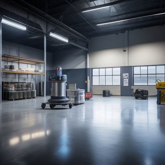 A modern, sleek concrete floor with a high-gloss finish, reflecting light, surrounded by various tools and equipment, including a grinder, polisher, and buckets, in a clean, well-lit warehouse setting.