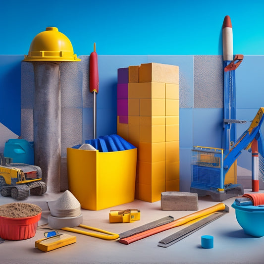 A colorful illustration depicting a construction site with a partially built concrete block wall, surrounded by essential tools like a level, trowel, jointer, and mixer, with a subtle background of blueprints and scaffolding.