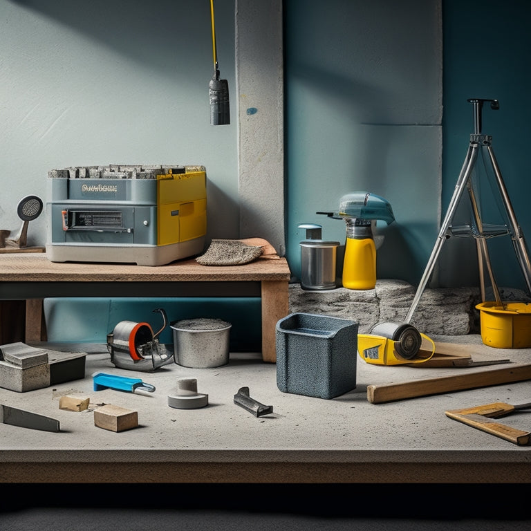 An image depicting a workbench with various measuring tools, including a tape measure, level, square, and caliper, surrounded by concrete blocks, mortar, and a mixing bucket.