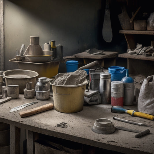 A cluttered workbench with various concrete crack filling tools scattered across it, including a caulk gun, putty knife, and trowel, surrounded by opened buckets of cement and scattered concrete debris.