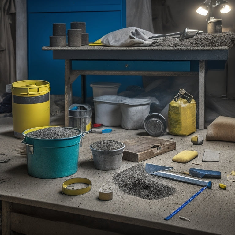 A cluttered workbench with a concrete block, a spirit level, a trowel, a mixing bucket, a shovel, and a measuring tape, surrounded by scattered aggregate and cement bags.