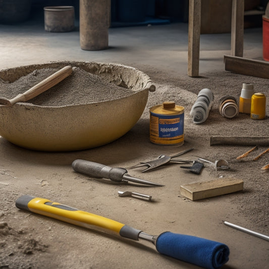 A close-up shot of a cracked concrete floor with a variety of tools and materials scattered around, including a caulk gun, trowel, patching compound, and wire brush, amidst a subtle background of a workshop or construction site.