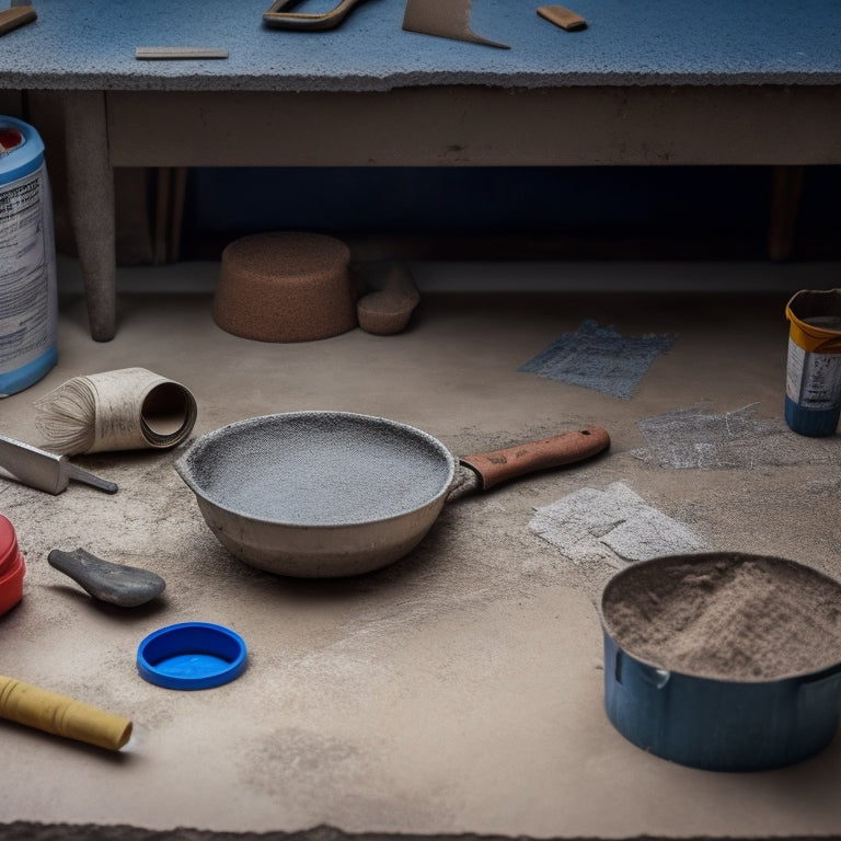 A close-up of a cracked concrete floor with a few scattered repair tools, including a caulk gun, a trowel, and a bucket of patching compound, surrounded by faint blueprints and scattered concrete fragments.