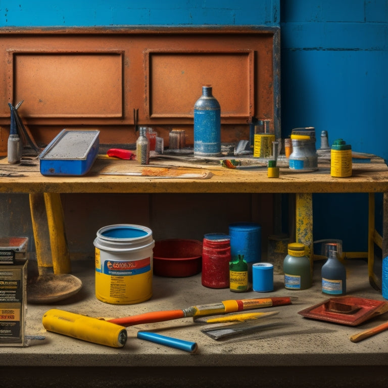 A well-organized workbench with a variety of painting tools, including a roller extension pole, paint tray, angled brushes, and a respirator, arranged around a partially painted concrete block.