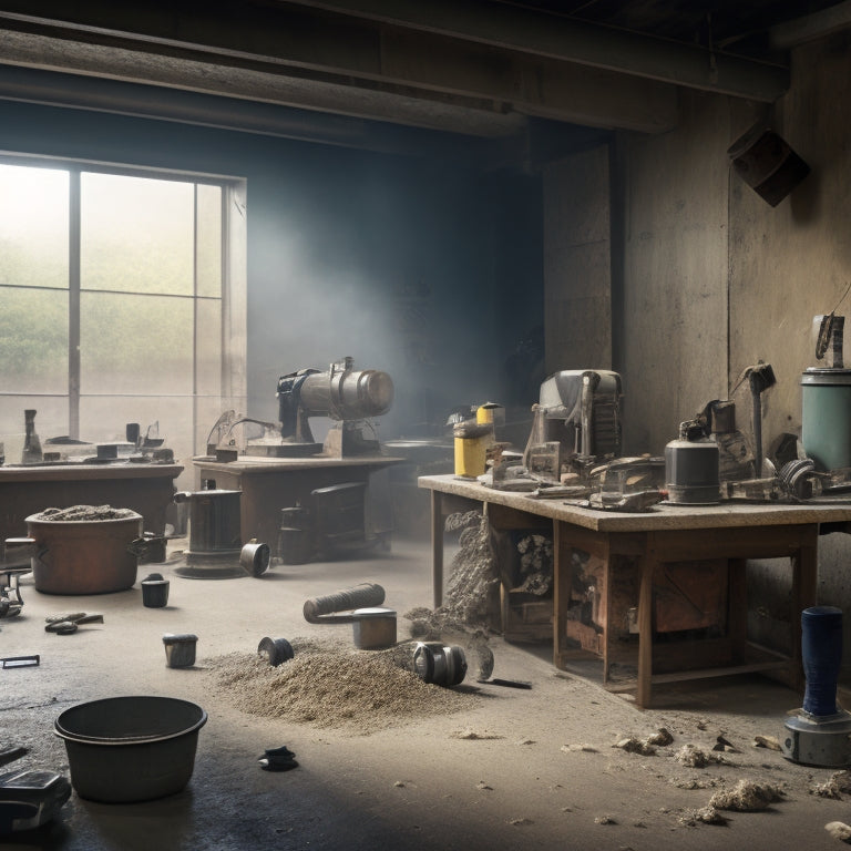 A cluttered workshop scene with various concrete grinding tools scattered around, including a walk-behind grinder, hand grinder, and dustless vacuum, surrounded by concrete blocks and dust particles in mid-air.