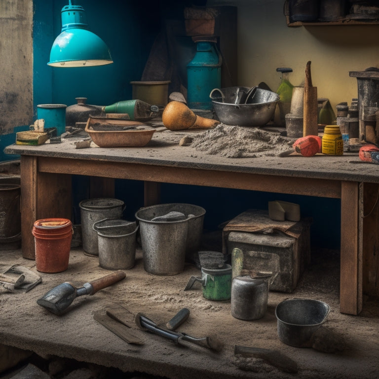 A cluttered workbench with a cracked concrete block, surrounded by various tools like a hammer, trowel, level, mixing bucket, and bags of concrete mix and patching compound.