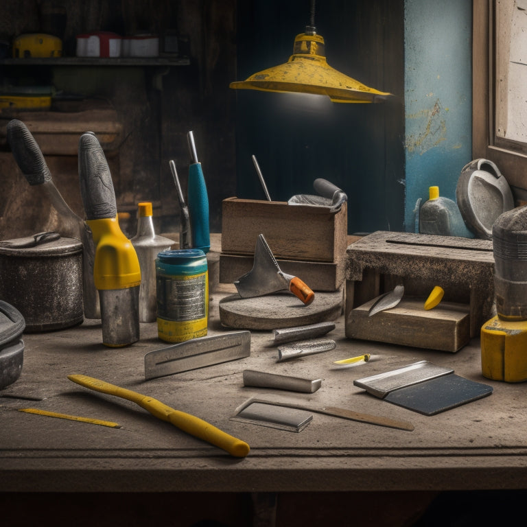 A cluttered workbench with various concrete repair tools: a trowel with worn handle, a level with a yellow stripe, a spirit level, a hammer, a putty knife, and a crack chaser saw.