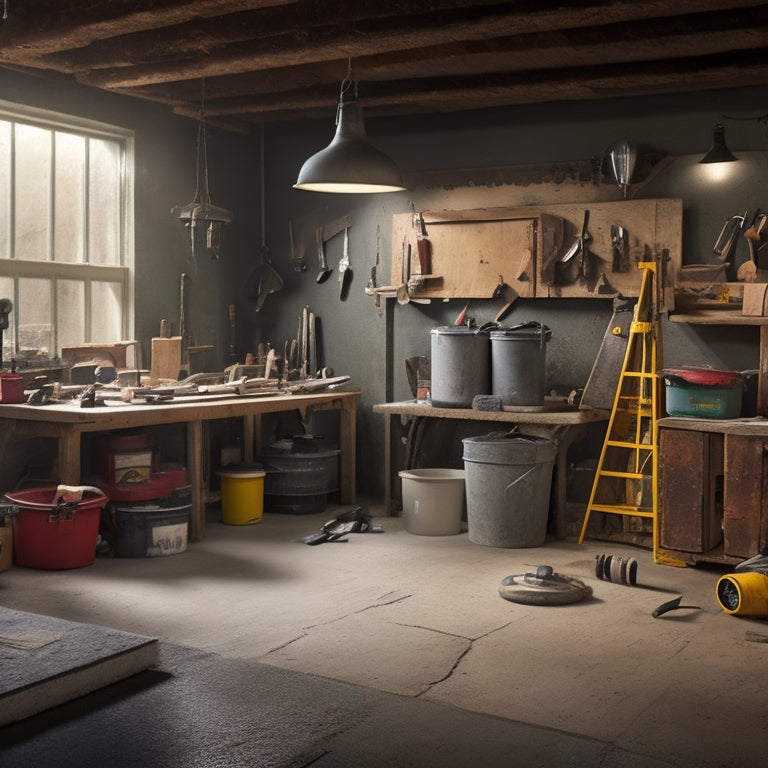 A cluttered, well-lit workshop with various concrete flooring installation tools scattered across a workbench, including a mixing bucket, trowel, edger, and level, with a concrete slab in the background.