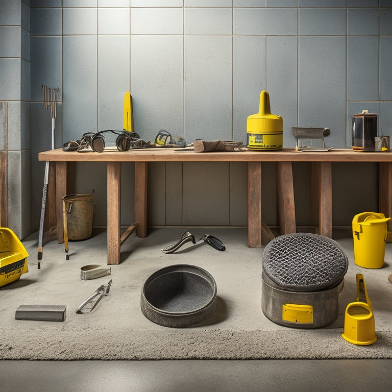 A tidy workshop with a partially built concrete wall, surrounded by various tools: a mixing bucket, trowel, level, safety goggles, and a spirit level, on a concrete floor with a subtle grid pattern.