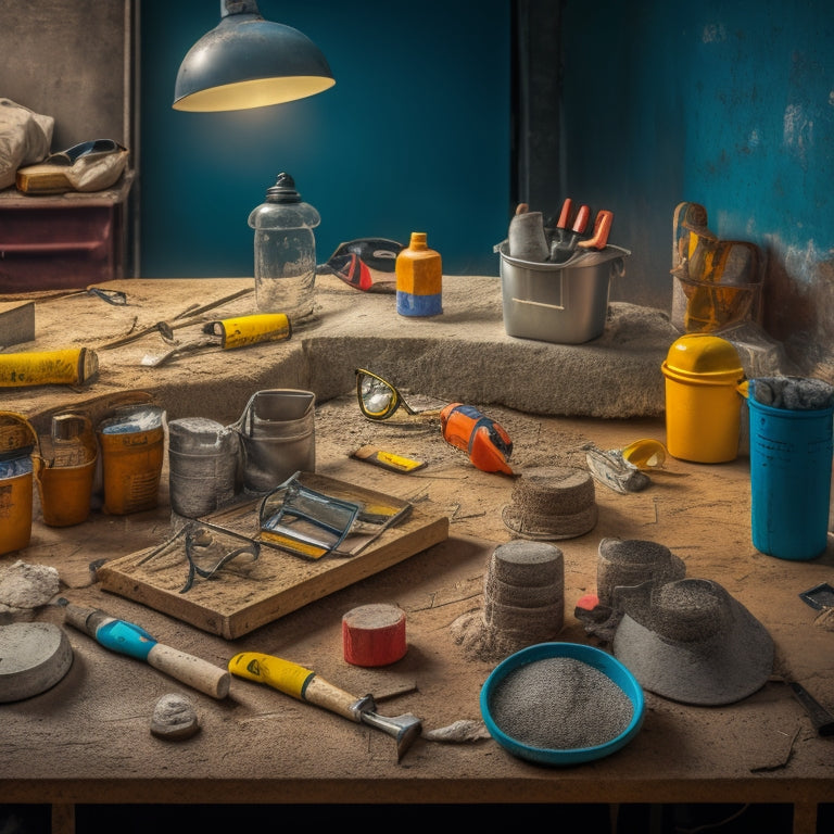 A cluttered workshop table with a variety of concrete repair tools, including a trowel, mixing bucket, level, and safety goggles, surrounded by scattered concrete mix bags and a backdrop of cracked concrete walls.