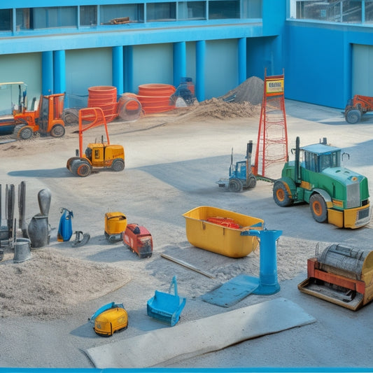 A cluttered construction site with a large, rectangular concrete slab in the background, surrounded by various tools and equipment, including a cement mixer, trowels, levelers, and safety gear.