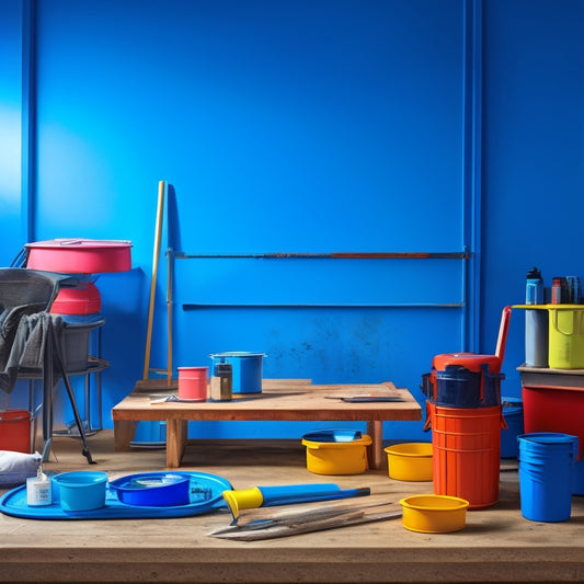 A well-organized workspace with a painter's tray, a sturdy extension pole, a microfiber roller, a precision brush, and a high-capacity sprayer, all surrounded by buckets of vibrant concrete paint.