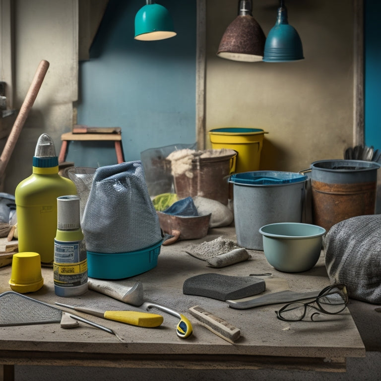 A cluttered workshop table with various DIY concrete tools: a mixing bucket, trowel, level, edger, float, and safety goggles, surrounded by concrete mix bags and scattered tools in the background.