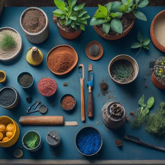 A stylized, overhead shot of a well-organized workshop with a collection of essential tools, including a trowel, mixing bucket, and gloves, surrounded by concrete planters in various stages of creation.