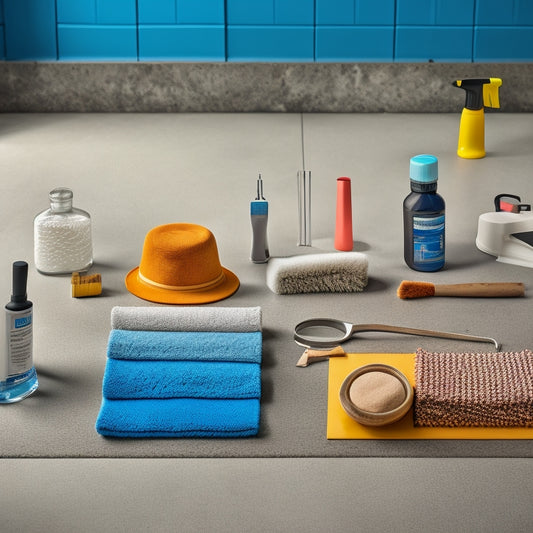 A clutter-free workshop background with a variety of concrete sealer applicator tools neatly organized, including a lambswool applicator, foam brush, and microfiber mop, with a concrete floor sample in the center.