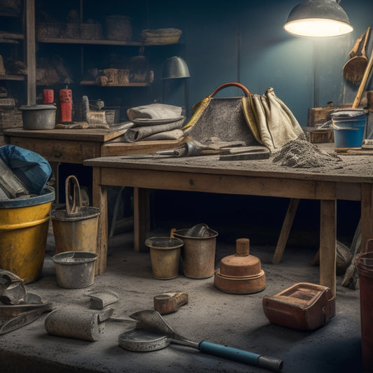 A cluttered workbench with a variety of concrete tools, including a trowel, level, edger, float, and mixing bucket, surrounded by scattered concrete mix bags and a few scattered tools in the background.